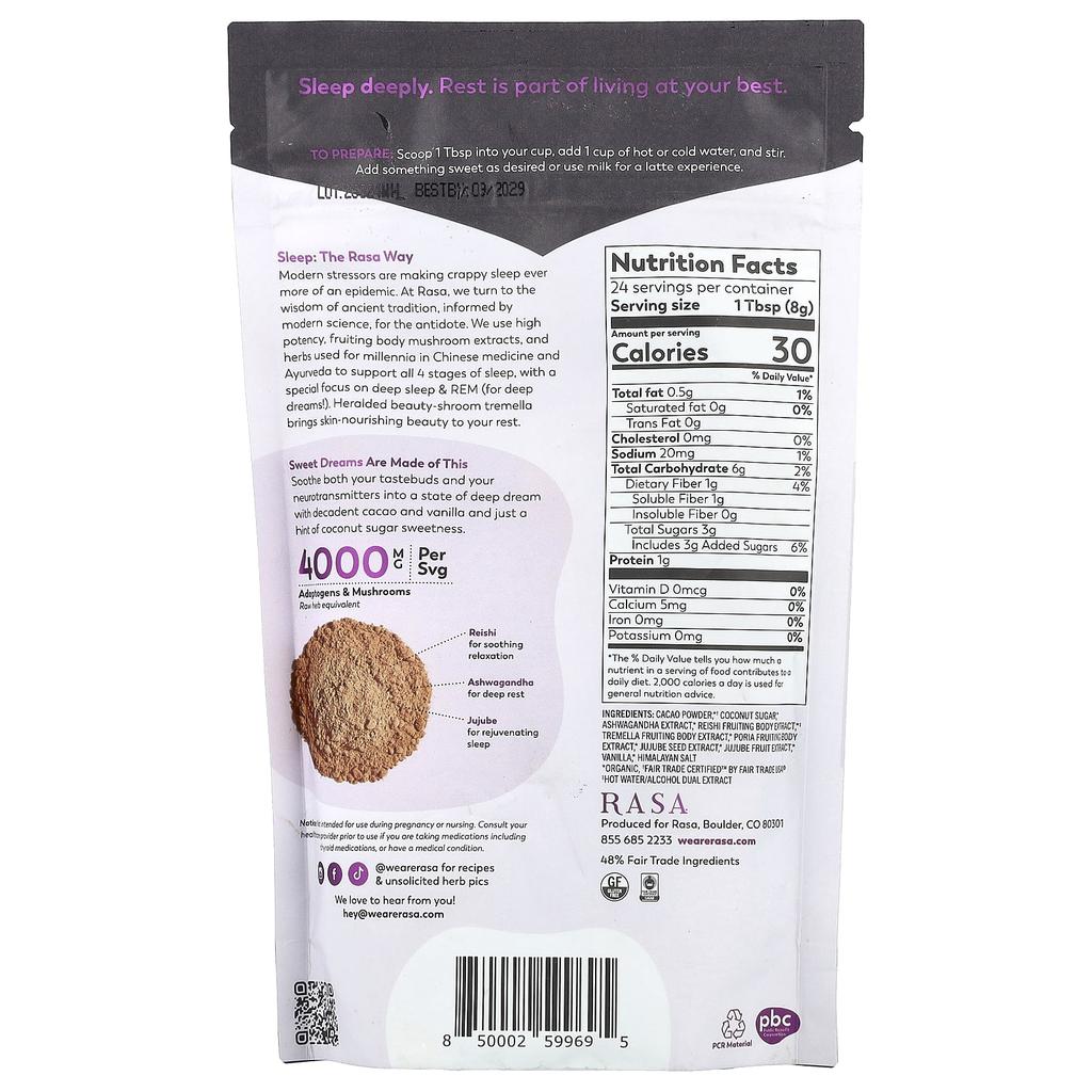 Смесь Rasa, Adaptogen и Mushroom Sleep, растворимая, Deep Dream Cacao, 6,77 унций (192 г)