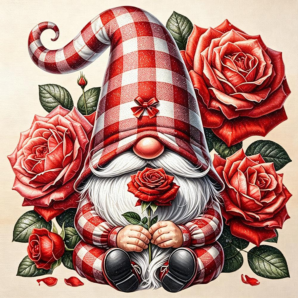 5D Diamond Painting Red Plaid Gnome with Roses Diamond Art DIY Craft Home Wall Decor Full Drill Gift for Valentine Day