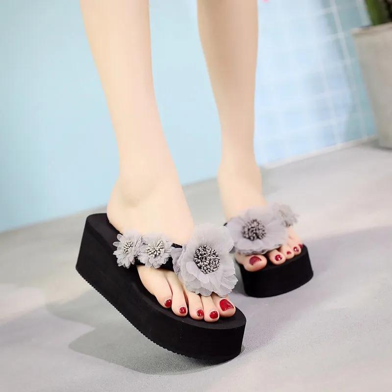 Flower Slope Heel Flip-flops Thick Soled High Heeled Slippers Women Beach Anti-skid Slippers Fashion Lightweight Comfortable Simple Casual