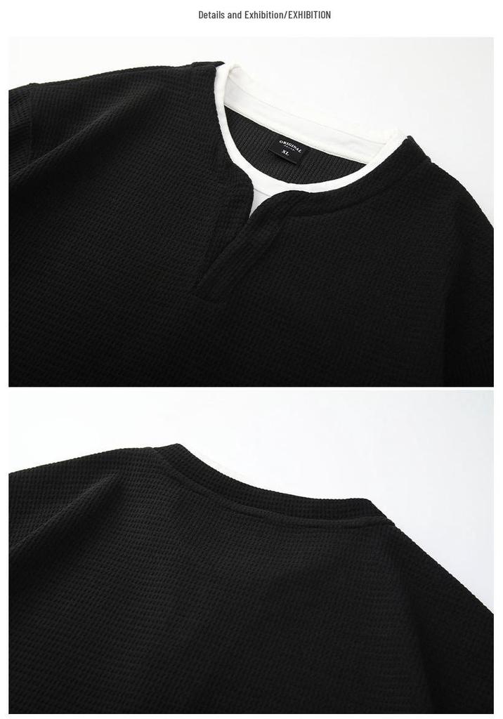 Men's Black Velvety Faux Two-Piece Henley Long-Sleeve T-Shirt, Autumn Korean-European Style, 536.