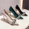 Модные остроносые туфли на высоком каблуке 2025 весна и осень новая мелкая шпилька профессиональный банкет стразы цепочка женская обувь