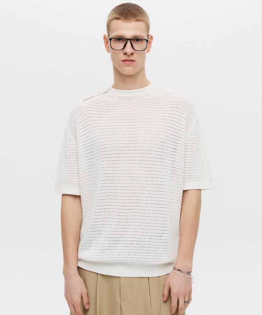 DNSR Side Button Henley Neck Half Knit White