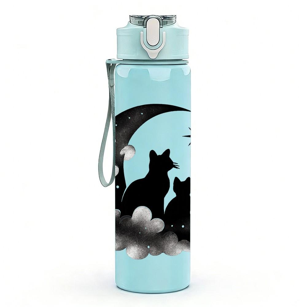 1PC Moon Night Black Cat Silhouette 750ml Color Plastic Sports Water Bottle Leakproof Flip Straw Lid Suitable for Sports Office Home Use
