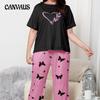 Summer Thin Pajamas Women's Short-sleeved Trousers Suit Plus Size Leisure Loose Round Neck Homewear