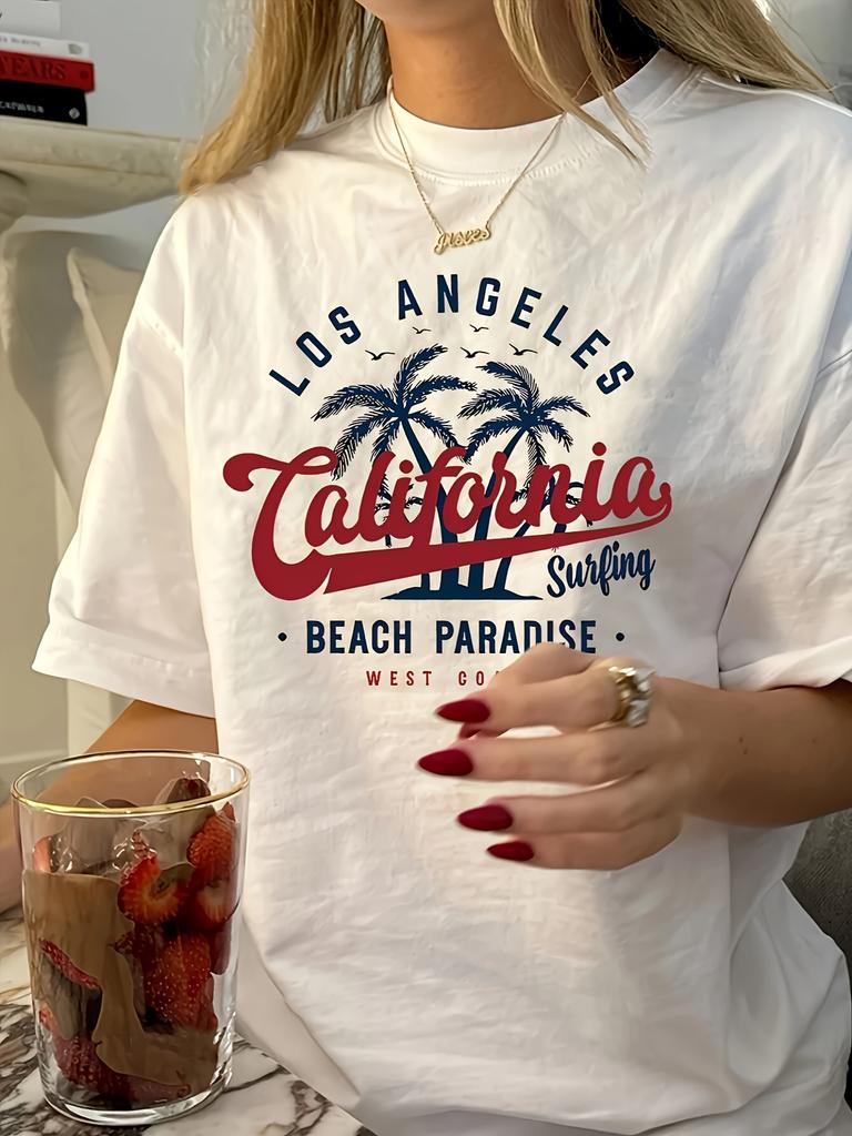 Lady retro California surfing paradise pattern T-shirt white short-sleeved round-neck casual summer top with palm tree design