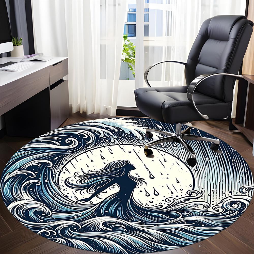 1pc Ocean Waves Office Round Area Rug, Mat Suitable For Office, Under Office Chairs Bedroom Living Room Home Decor, Room Deco