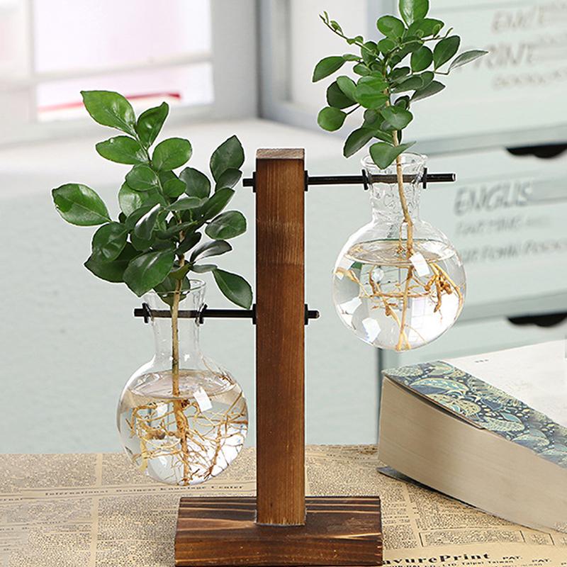 Creative Wooden Frame Hydroponic Vase Green Plant Transparent Glass Flower Arrangement Container Desktop Decoration Home Decoration