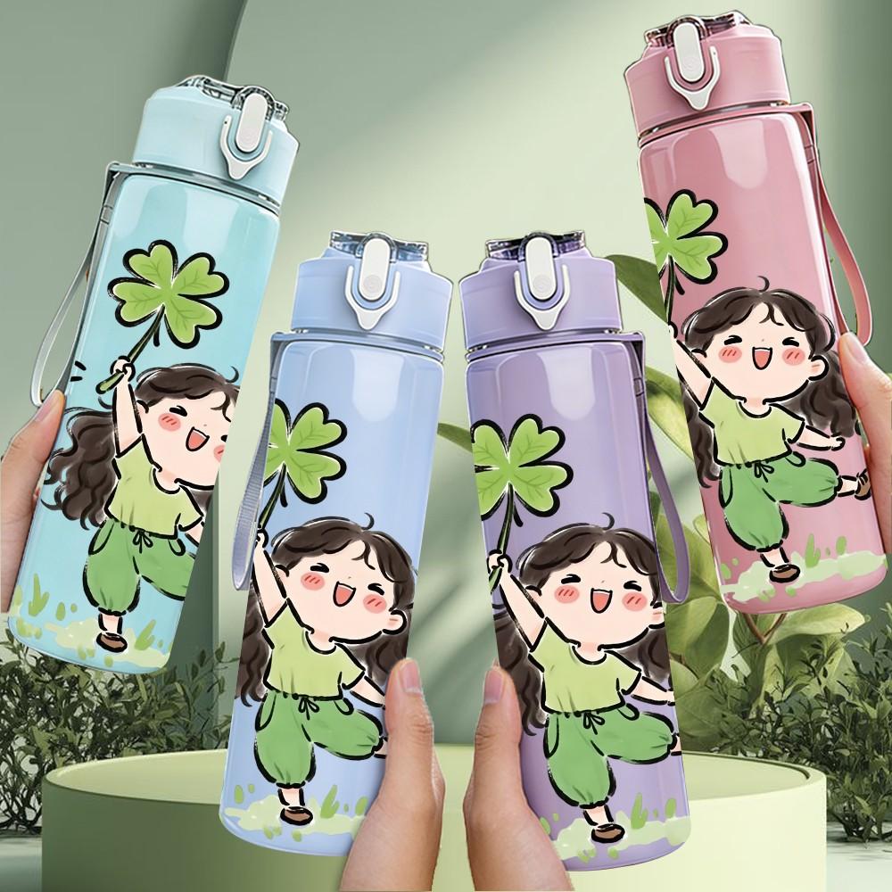 1PC Girl Holding Four Leaf Clover Print 750ml Color Plastic Sports Water Bottle Leakproof Flip Straw Lid Suitable for Sports Office Home Use