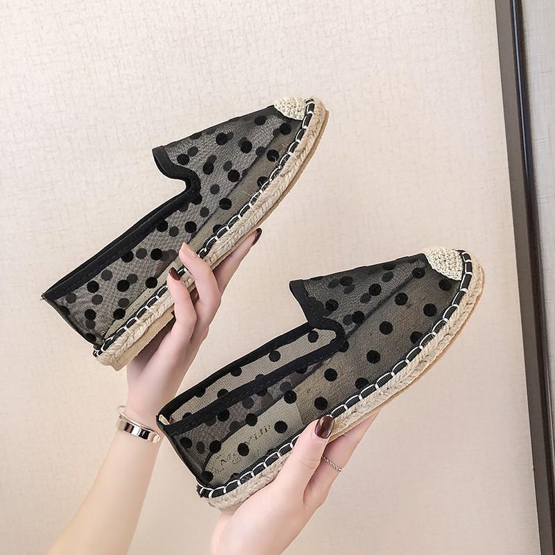Новые женские повседневные туфли для рыбалки, женские туфли на сухожильных подошвах, плоская подошва, соломенная плетеная пеньковая веревка, сетка в горошек Baotou Half Drag456