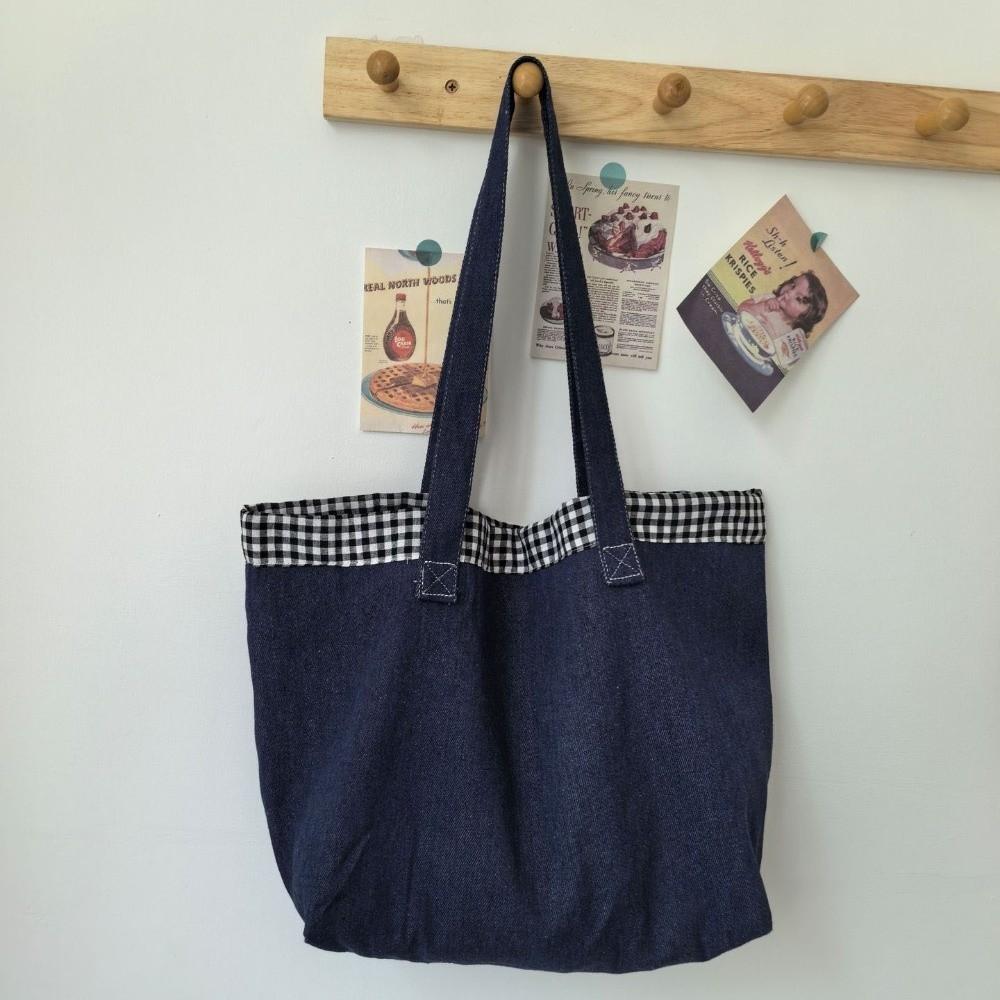 Grid Shoulder Bag Korean Style Canvas Tote Bag Soft Denim Handbag Girls