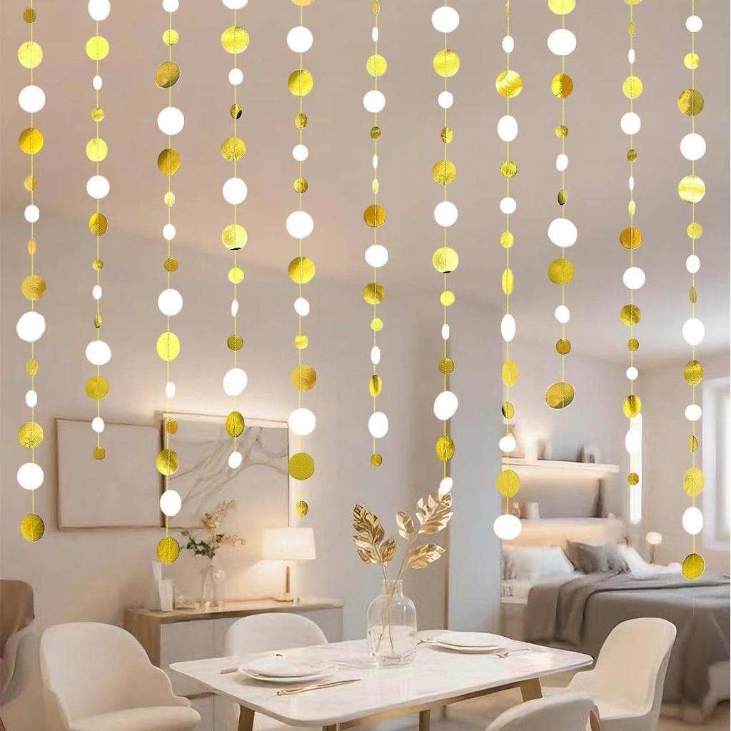 Glitter White and Gold Circle Dots Paper Garland White Gold Circle Dot Streamer 40 Feet Polka Dot Hanging Bunting Banner Backdrop for Birthday