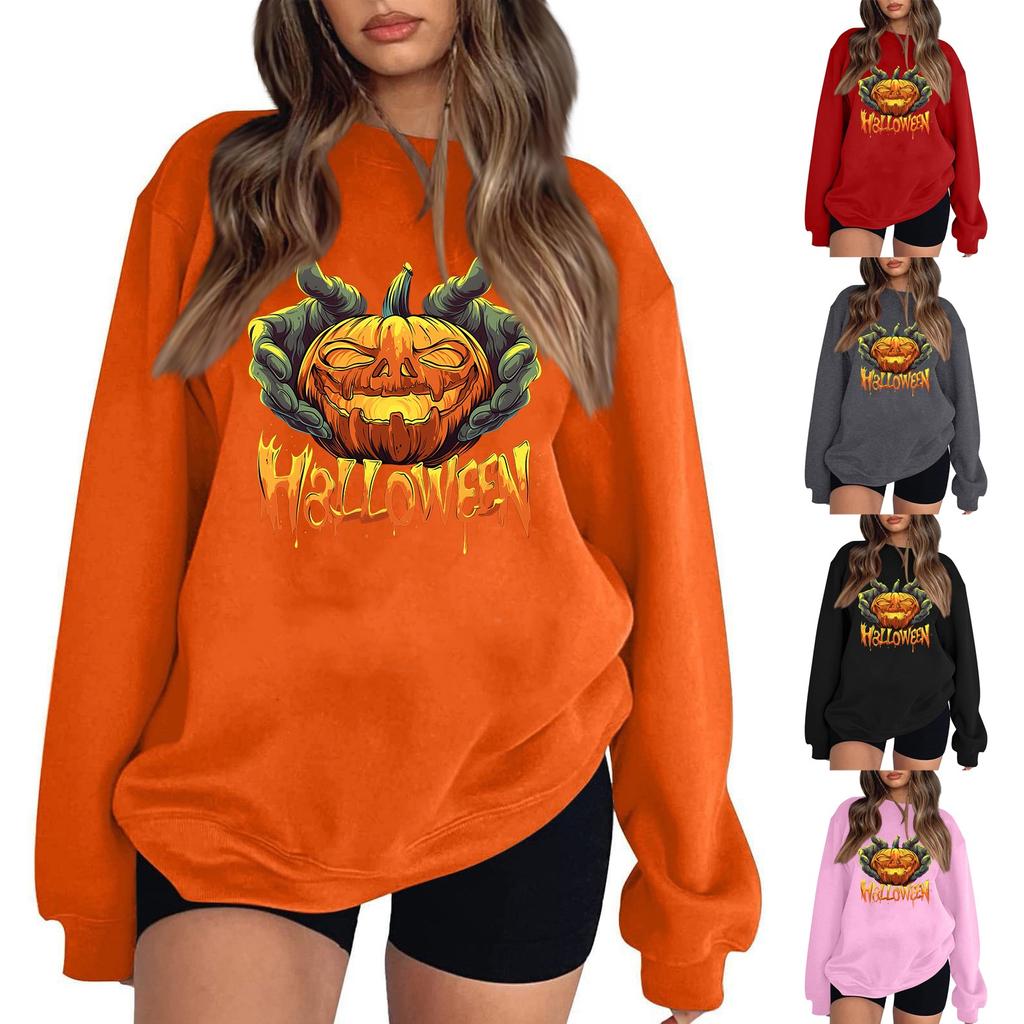 Women's Casual Round Neck Long Sleeved Pullover, Halloween Printed Top, Long Sleeved Hoodie