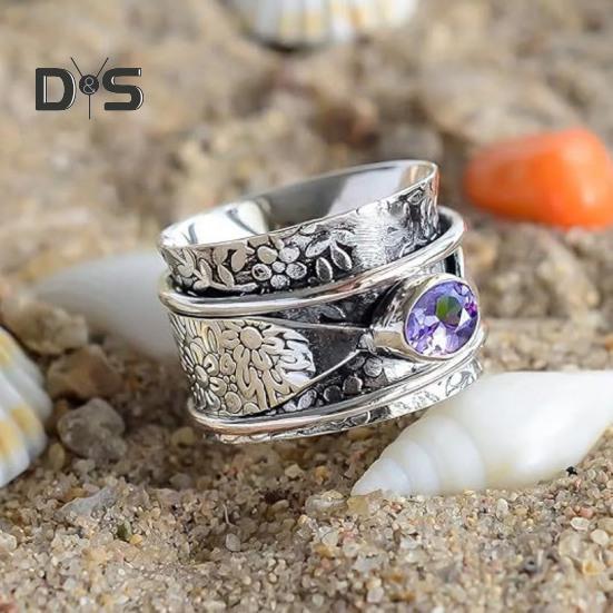 Кольцо для медитации с богемным аметистом, винтажное цветочное вращающееся широкое кольцо с аметистовым камнем, вращающееся кольцо для снятия беспокойства