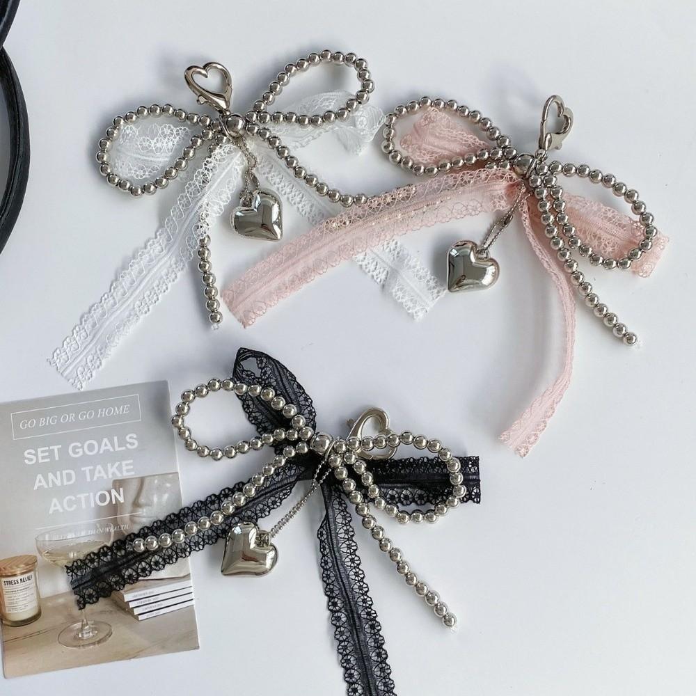 Sweet Lace Bowknot Keychain Imitation Pearls Beaded Pendant Keyring  Backpack Accessory