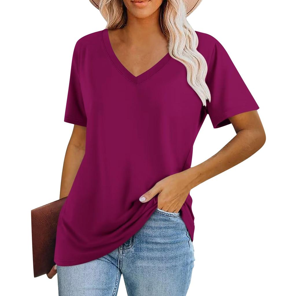 Women's Fashion V-Neck Classic Loose Solid Color Casual Short Sleeve T-Shirt