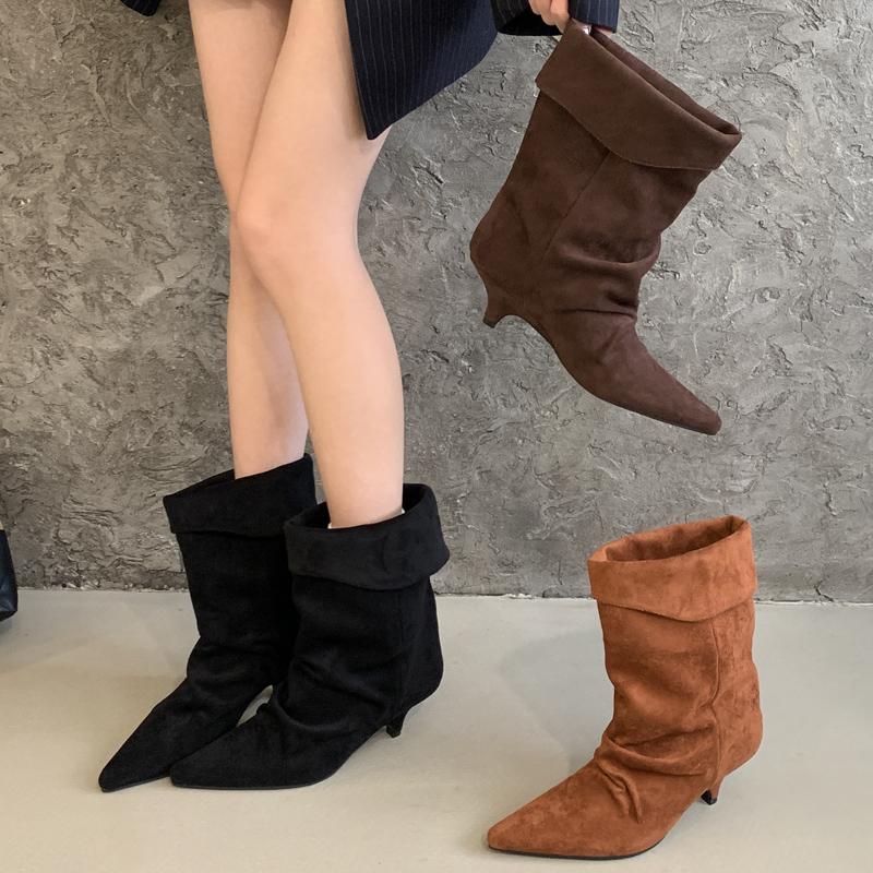 Modă Eilyken Iarnă Vintage Margine Întoarsă Botine Glezna Femei Designer Vârf Ascuțit Toc Subțire Mic Pantofi Scurți Botas Zapatos De Mujer