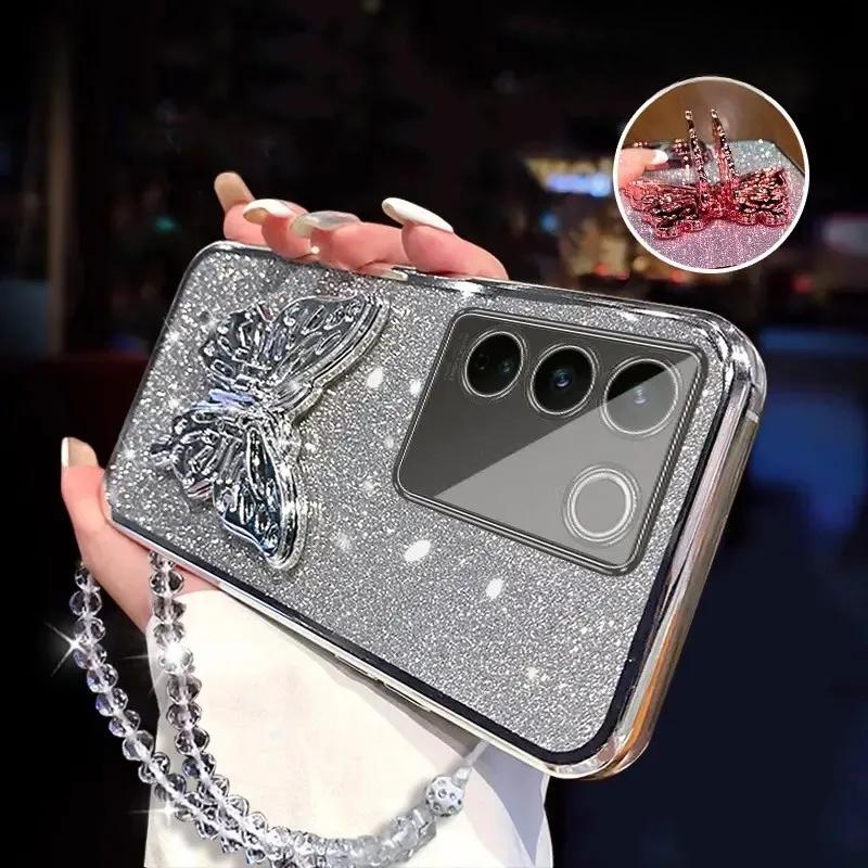 3D Butterfly Phone Holder Crystal Bracelet Glitter Plating Case for Samsung Galaxy A14 A24 A34 A54 A15 A25 A35 A55 4G 5G Cover