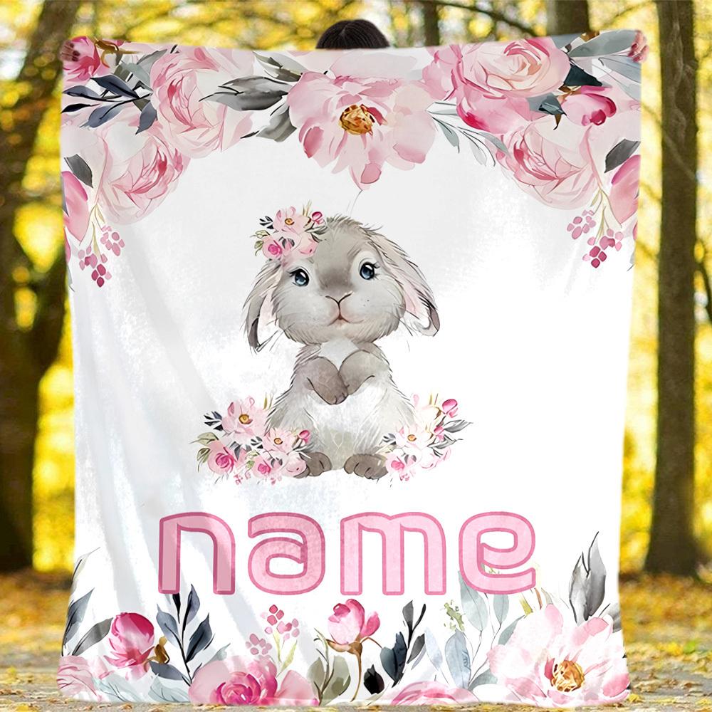 Floral Bunny Outdoor Customize Your Name Blanket Soft Cozy Lightweight Allseason Multiuse Blanket For Travel Camping Picnic Sofa Office Bed Living
