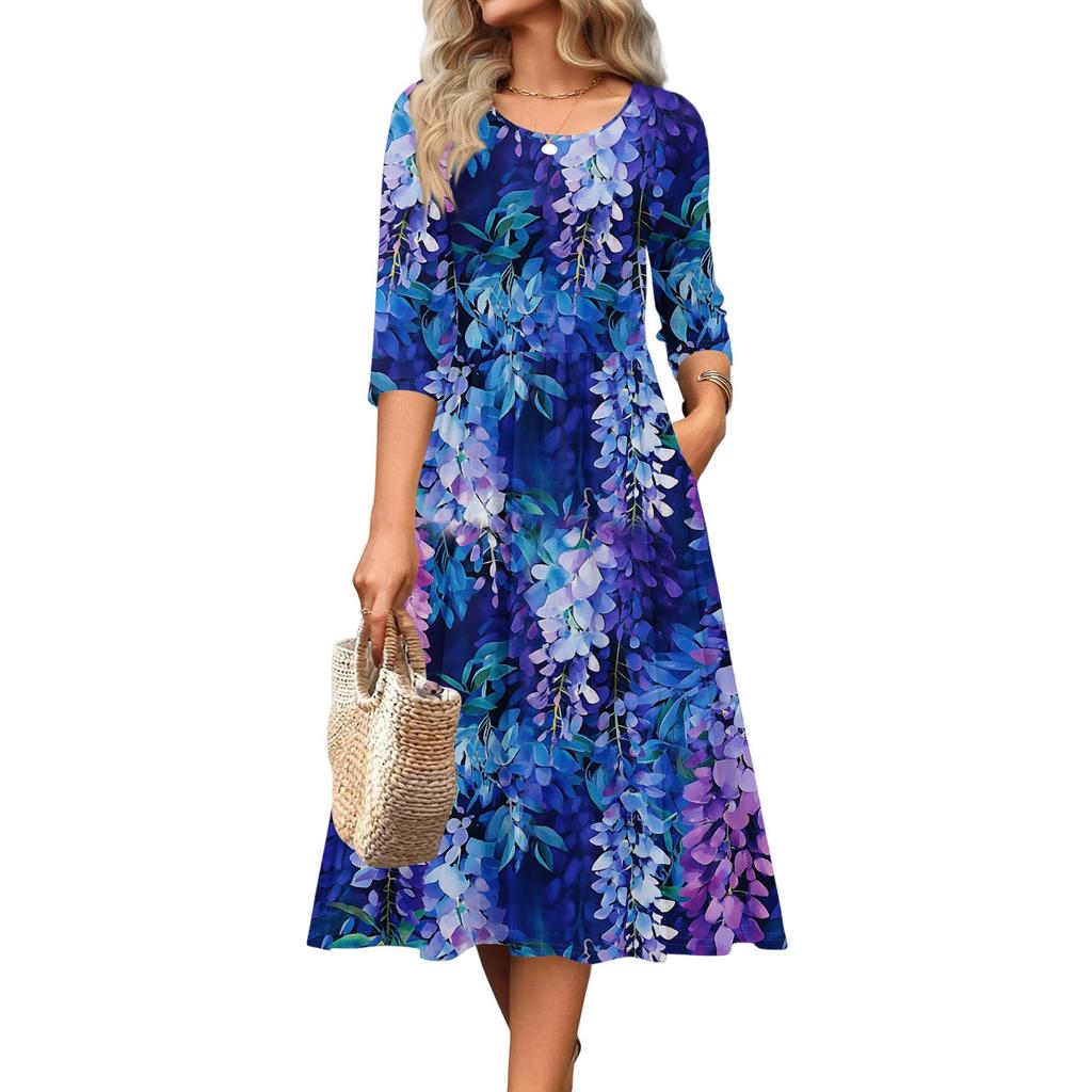 3/4 Sleeve Women's Dress Casual Flowy A-Line Midi Tshirt Dresses With Pockets Crewneck Vocation Boho Beach Sundress