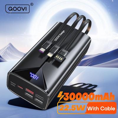 QOOVI 30000 мАч Power Bank 22,5 Вт Быстрая зарядка Встроенный кабель Внешний большой аккумулятор Портативное зарядное устройство для iPhone Samsung Xiaomi
