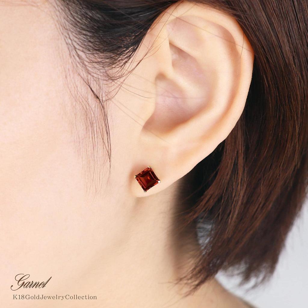 Garnet Earrings 18K Yellow Gold 18K K18 Diamond January Birthstone Red [Barzaz] Women's