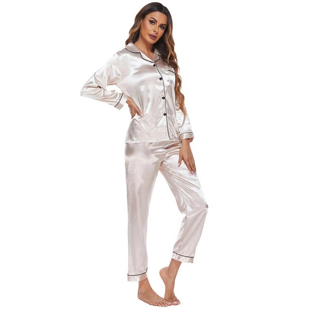 Women's Silk Satin Pajamas Set Button Down Sleepwear Loungewear Ladies Long Sleeve Pajamas Nightgown
