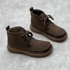 Retro Handmade Women Short Boots Shoes Round Toe Solid Color Lace Up Boots