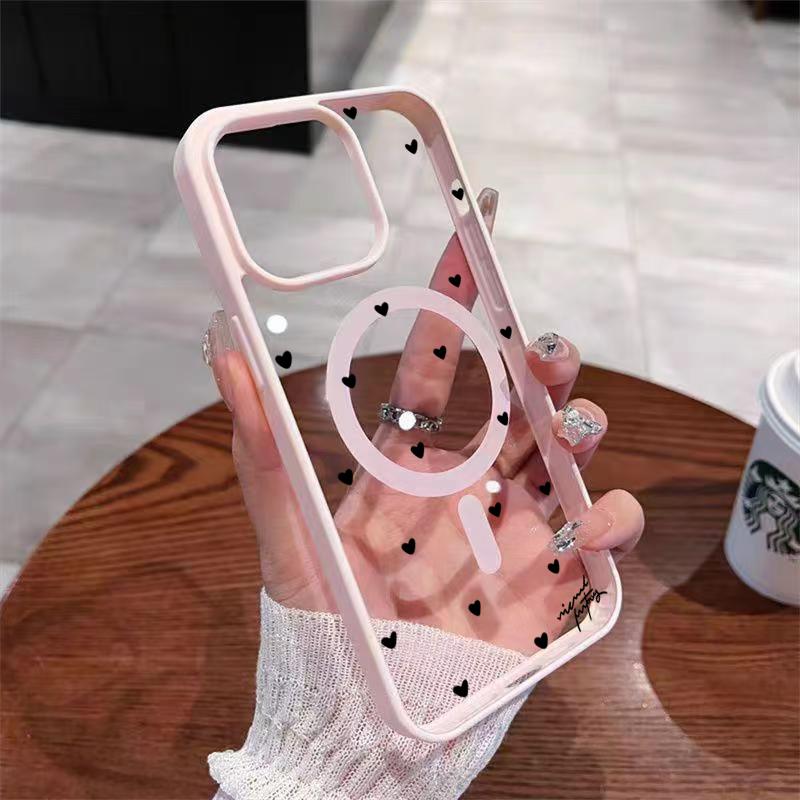 Для беспроводной зарядки Магнитный чехол для телефона для iPhone 17 13 12 14 15 16 Pro Max 11 16E 16 Plus 17 Air С черным чехлом в форме сердца