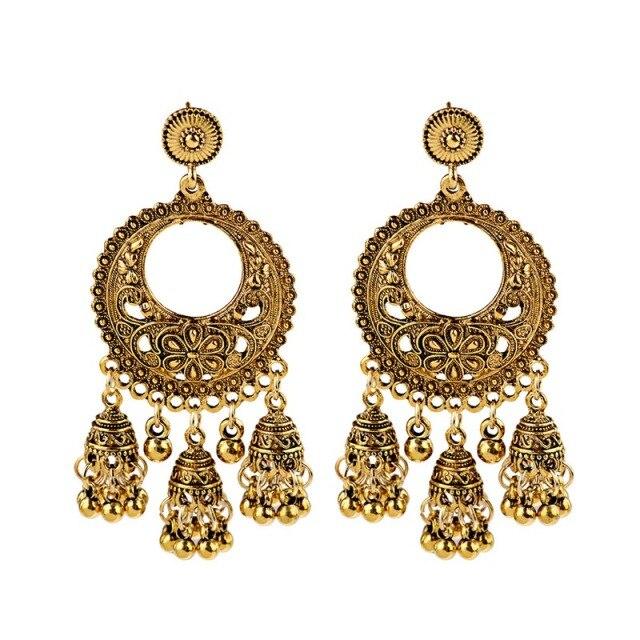 Новые этнические винтажные женские геометрические турецкие серьги Jhumka индийские украшения золотые серьги с кисточками в виде колокольчиков турецкие украшения