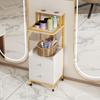 Salon Storage Cabinet Trolley Cart with 4 Wheels 2 Drawers Rolling Dryer Holder Open Shelves Modern White Golden Barber Station Hair Stylist