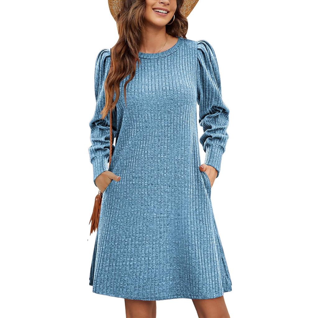 Women Casual Sweater Dress Winter Knitted Sundress Wiht Pockets Long Sleeve Tunic Clothes Keep Warm Midi Dresses