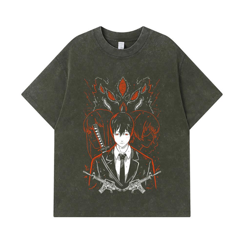 GSM Washed Tshirts  Cotton Chainsaw Man V Aki Print Unisex Heavy Cotton T Shirt