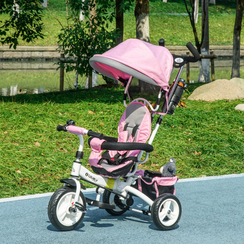 6 in 1 Kids Trike Push Bike w/ Push Handle, Canopy, 5-point Seat Belt, Storage, Footrest, Brake, for 1-5 Years, Pink