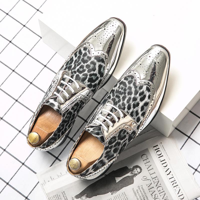 Fashion Pointed Toe Leopard Print Mens Leather Shoes Brogue Shoes Men Business Lace-up Oxford Prom Evening Dresses Chelsea Leather Shoes