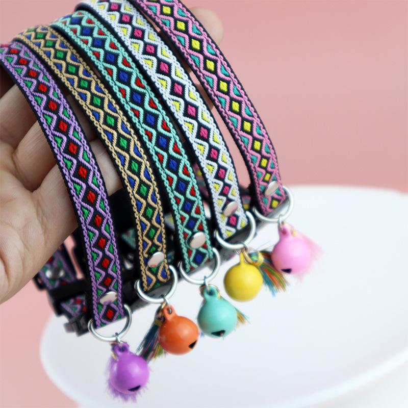 Ошейник для кошки с колокольчиком и кисточкой, разноцветный ромб, этнический стиль, регулируемый ошейник для котенка и щенка, аксессуары для домашних животных