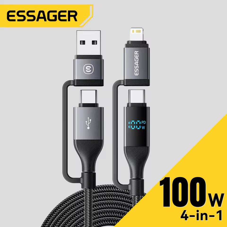 Essager Кабель USB 4 в 1 с цифровым дисплеем Type C 100 Вт PD Кабель для быстрой зарядки для iPhone Macbook iPad Xiaomi Кабель Type C Lightning