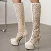 Summer Mesh Knee High Boots For Women Platform High Heels Long Boots Ladies Sexy Zipper Black White Lace Party Shoes New