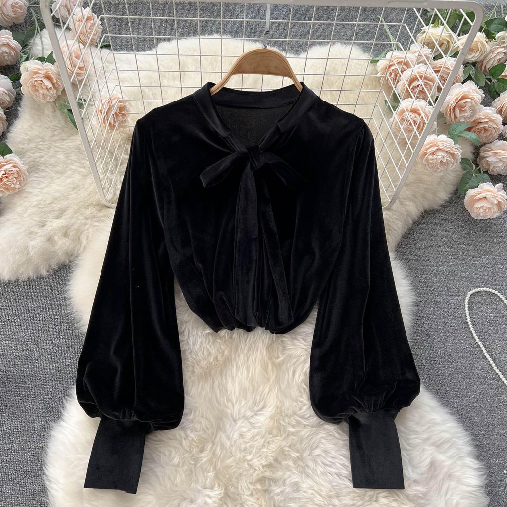 Korean Three-Dimensional Flower High Waist Slim Skirt Loose Bubble Sleeve Velvet Top Sweet Suit Skirt Two-Piece Set