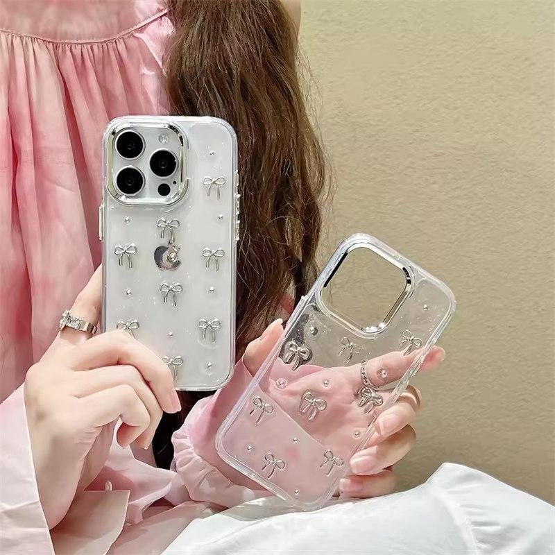 Luxury Clear Bling Glitter Bow Phone Case For iPhone 16 15 14 13 12 11 Pro Max Plus Transparent Silicone Shockproof Bumper Cover