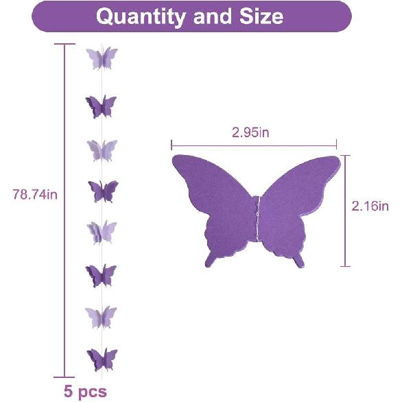BEISHIDA 5Pcs Purple Lavender Butterfly Paper Garland Hanging Decorative Banner for Halloween Home Ceiling Decor Birthday Party Baby Shower Wedding