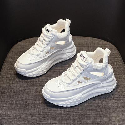 Лето 2023 Женские кожаные кроссовки Hollow Dad: Легкие, увеличивающие рост, модные сандалии на толстой подошве