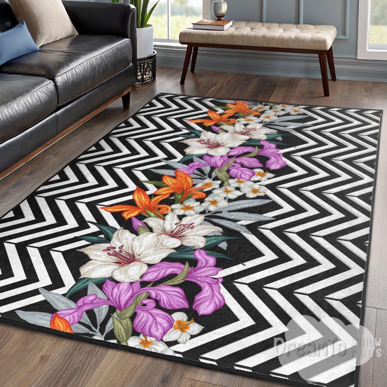 Black White Zigzag Floral Area Rug Purple Orange Lily Botanical Pattern Modern Chevron Decorative Runner Tropical Style Home