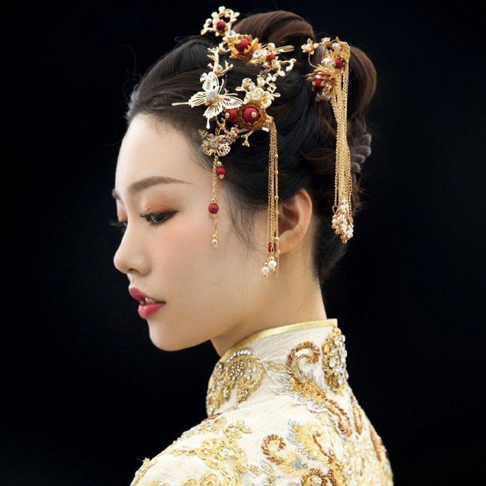 Hair Combs Butterfly Tassel Bridal Wedding Jewelry Set Chinese Style Crown Hair Stick Earrings