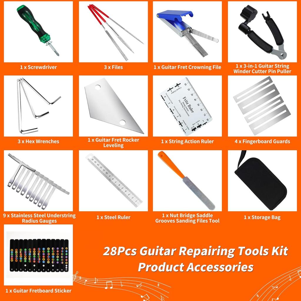 Guitar repair tool kit (28 pieces) ,with storage bag