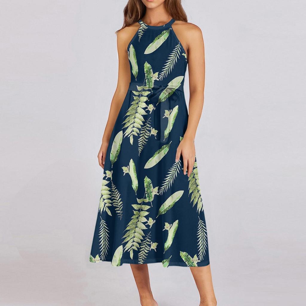 Женское повседневное платье миди с круглым вырезом, классическое, повседневное, без рукавов, свободное платье в стиле бохо с завязками, летний пляжный сарафан