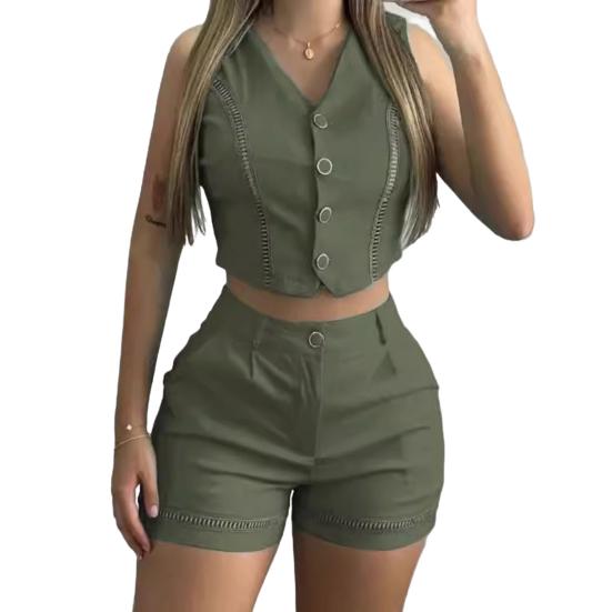 Женский комплект из двух предметов, без рукавов, комплект из жилета с V-образным вырезом на пуговицах и шорт с карманом, летний повседневный наряд