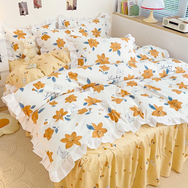 Юбка для кровати принцессы, простыня из четырех частей для девочек, кружевное одеяло, покрывало, постельное белье