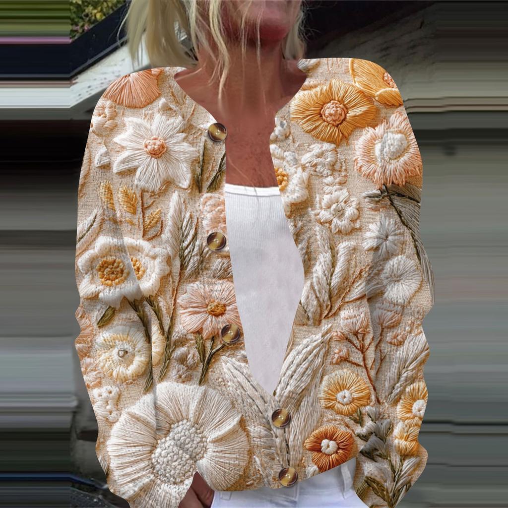 Женская повседневная мода ретро цветочный принт длинный рукав кардиган куртка на пуговицах