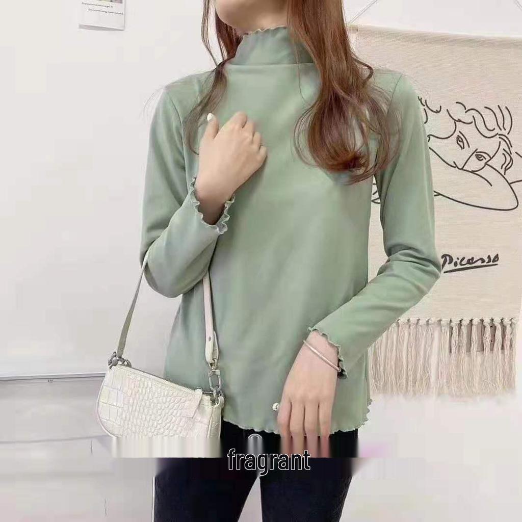 Women's Autumn/Winter Ruffle Design Solid Color Velvet Turtleneck Base Layer Top