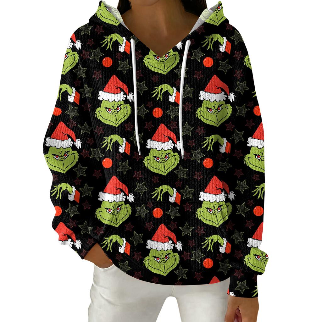 Женский модный повседневный пуловер с рождественским принтом, толстовка с капюшоном и длинными рукавами